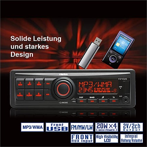 Clarion FZ102E 1-DIN Autoradio USB MP3 short body Radio mit geringer Einbautiefe